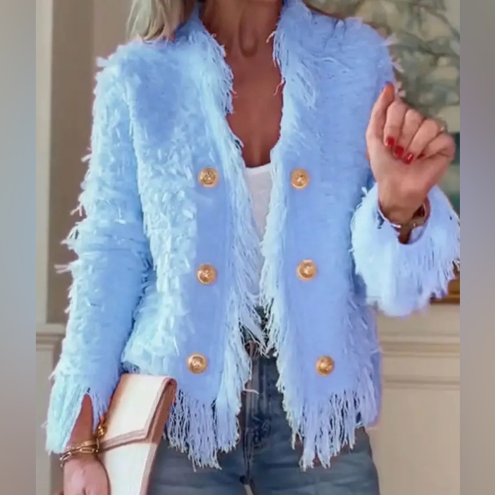High Fashion Blue Fringed Fluffy Blazer
